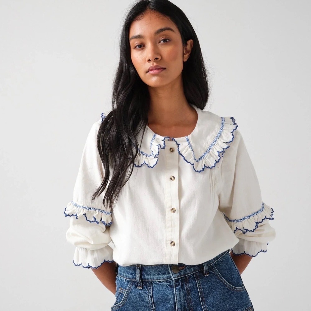 White Ruffled Collar Button-Front Blouse with Blue Trim